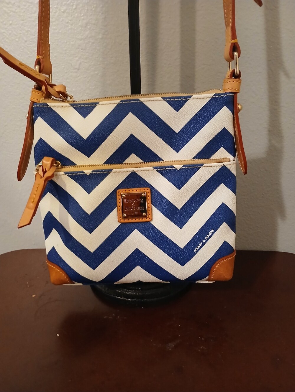 Dooney & Bourke Navy and White Chevron Crossbody with Tan Trim